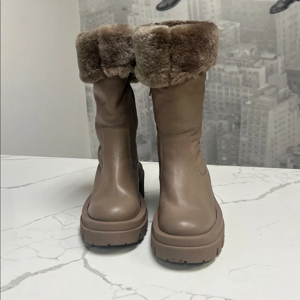 Free People Charlee Chunky Mid Boots Fur Cuff Lug Sole Taupe Minky Brown US 10